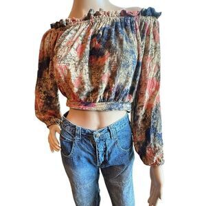Free People BOHO Gypsy Colorful Artsy Off Shoulder Smocked Crop Top Size Medium